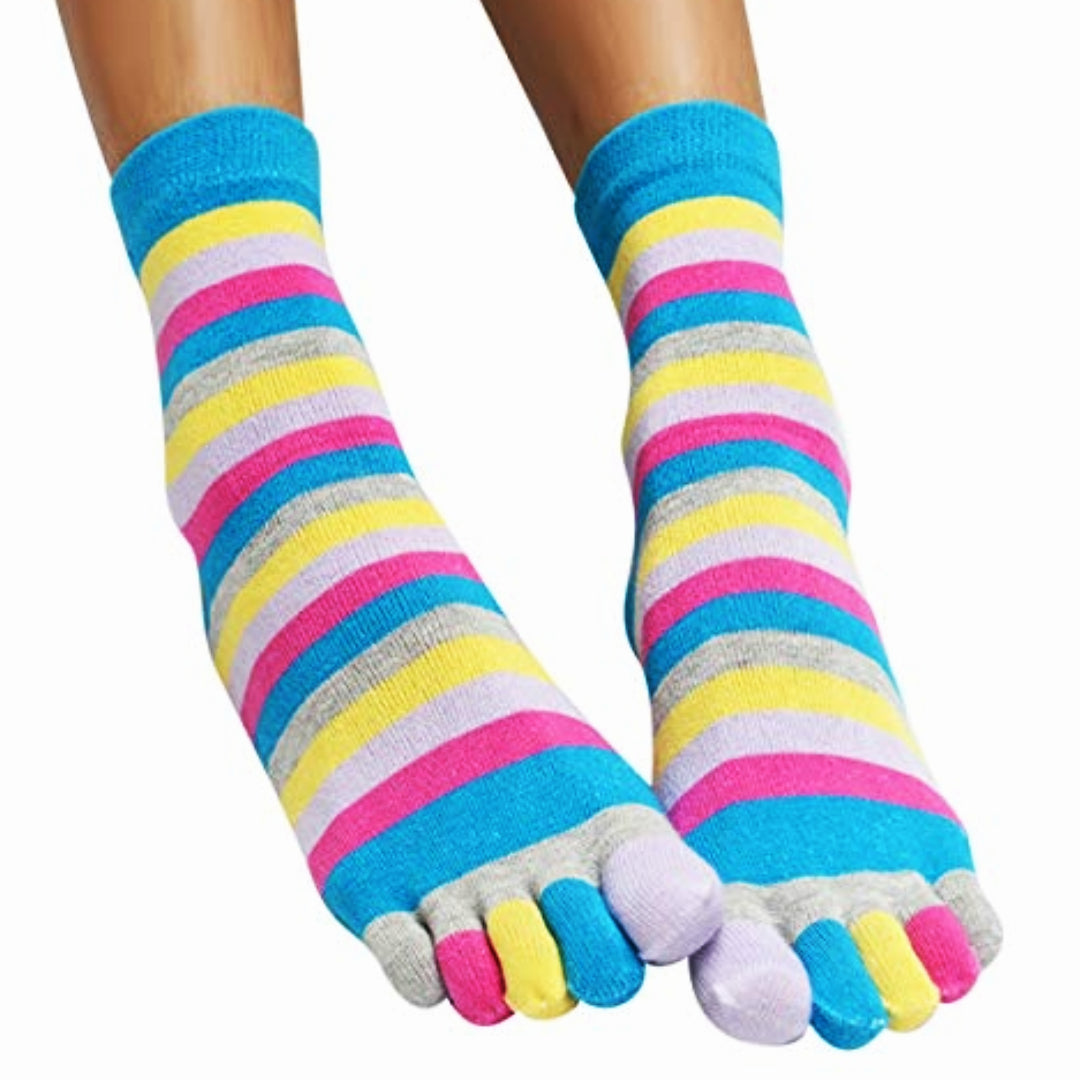 Rainbow Striped Pattern Toe Socks (Adult Medium - Women's Shoe Sizes 5-10) - Blue Accent