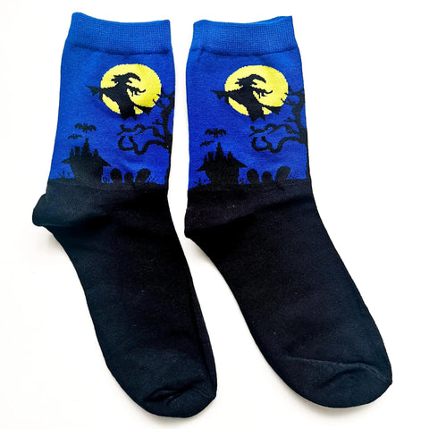 Blue Witch Flying by the Moon Socks