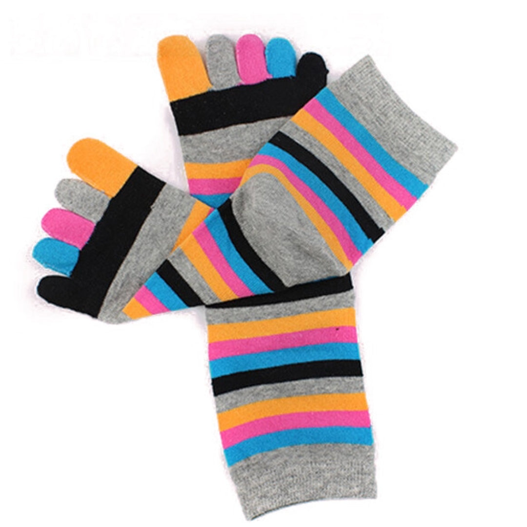 Rainbow Striped Pattern Toe Socks (Adult Medium - Women's Shoe Sizes 5-10) - Gray Accent