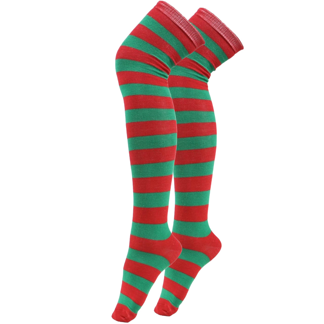 Striped Patterned Socks (Thigh High) Green and Red