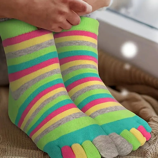Rainbow Striped Pattern Toe Socks (Adult Medium - Women's Shoe Sizes 5-10) - Green Accent