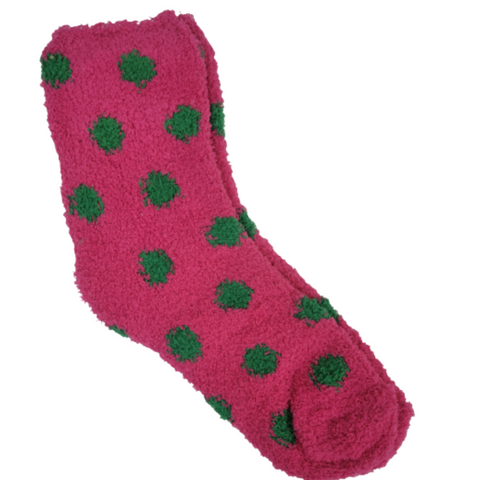 Polka Dot Fuzzy Socks from the Sock Panda (Maroon w/Green)