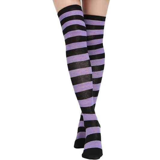 Striped Patterned Socks (Thigh High) Light Purple and Black
