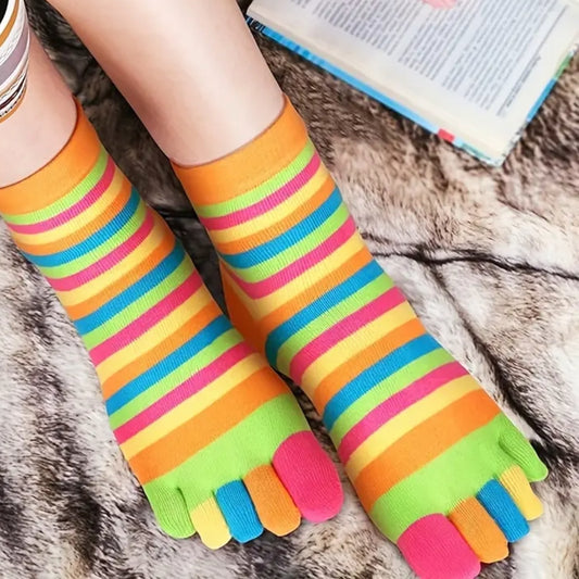 Rainbow Striped Pattern Toe Socks (Adult Medium - Women's Shoe Sizes 5-10) - Orange Accent
