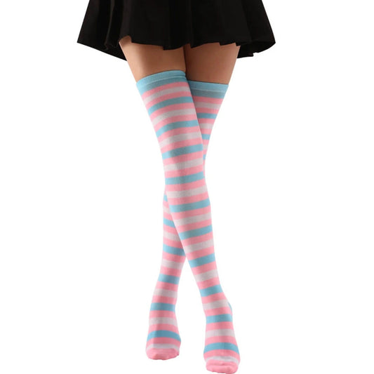 Striped Patterned Socks (Thigh High) Pink and Baby Blue