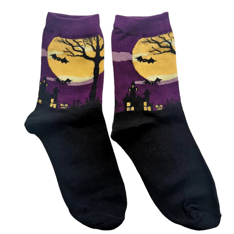 Purple Bat, Haunted House and Tree by the Moon Socks