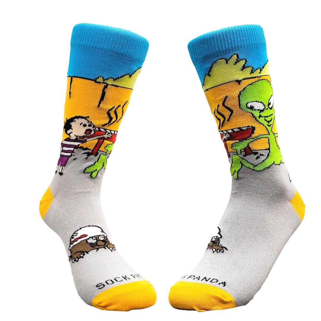 Alien Stealing a Hamburger at a BBQ Socks from the Sock Panda (Adult Small - Shoe Sizes 2-5), Tween Alien Hamburger