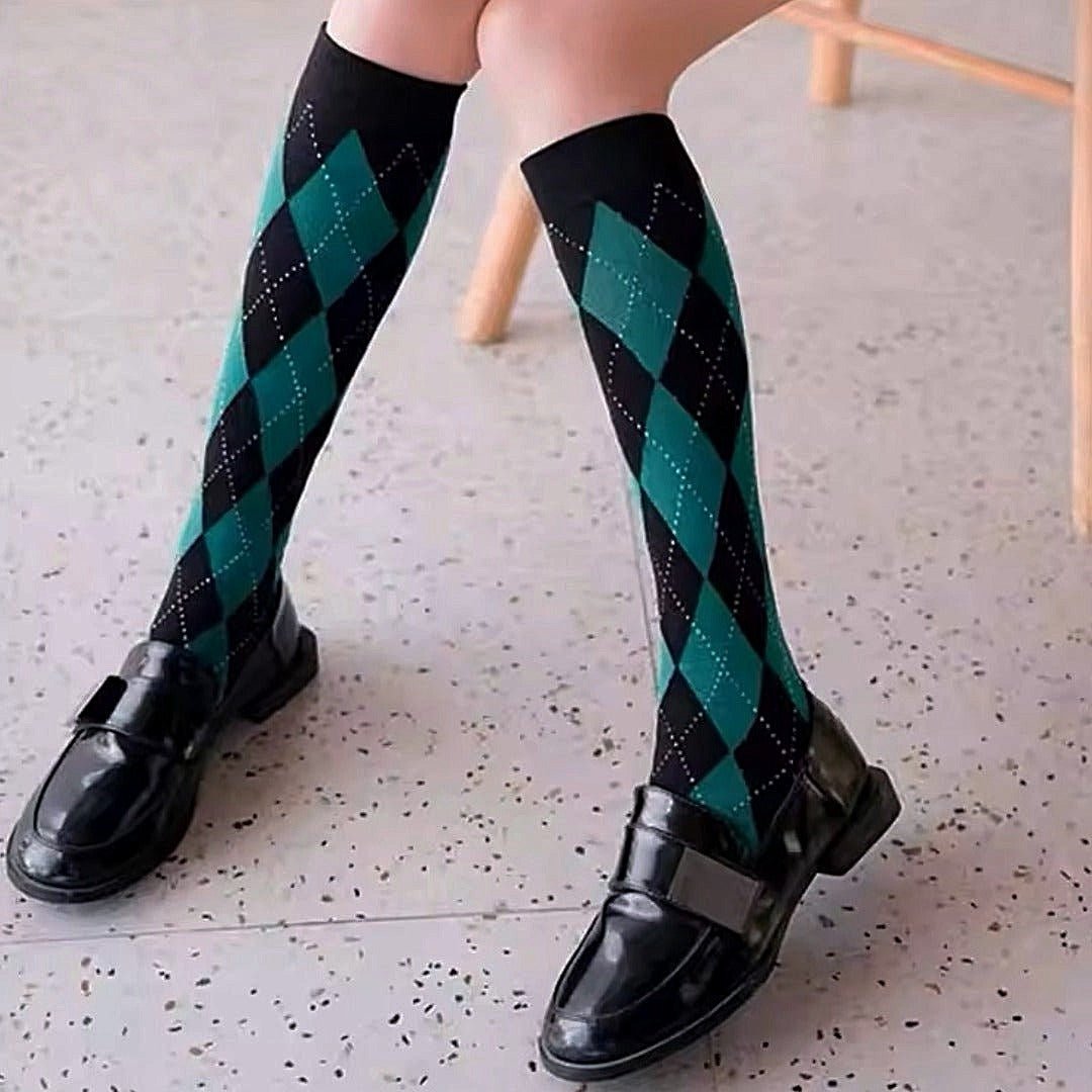 Argyle Socks from the Sock Panda (Knee High) Forest Green and Black, darkGreenArgKneeMd