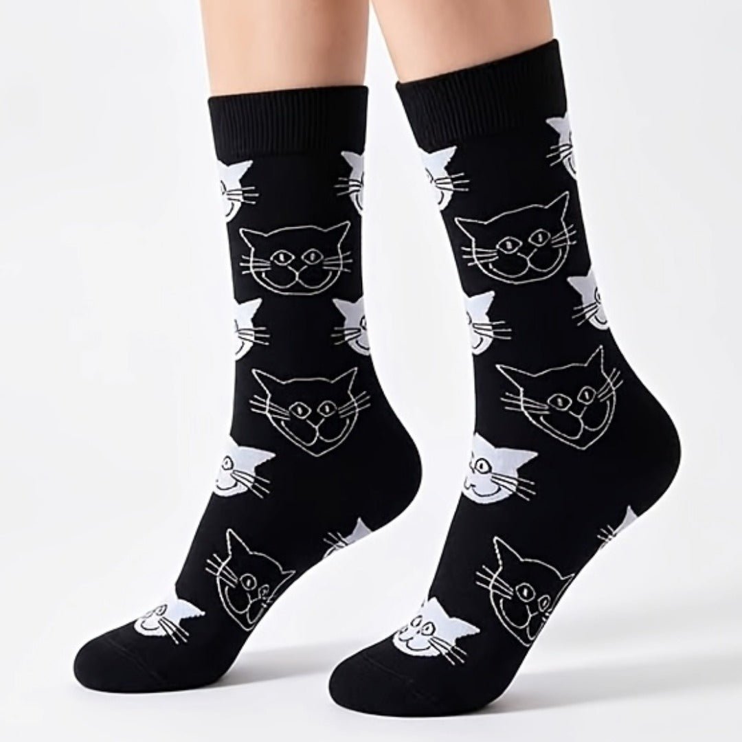 Black and White Cat Pattern Socks (Adult Medium - Women's Shoe Sizes 5-10) - Classic, BWCatPattMd3