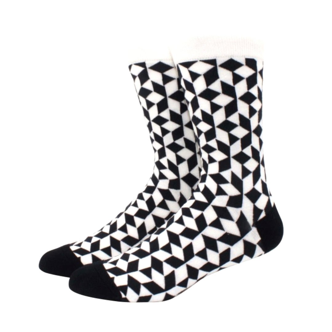 Black and White Diamond 3D Cubed Patterned Socks (Adult Large - Men's Shoe Sizes 8-12), BW3dLg