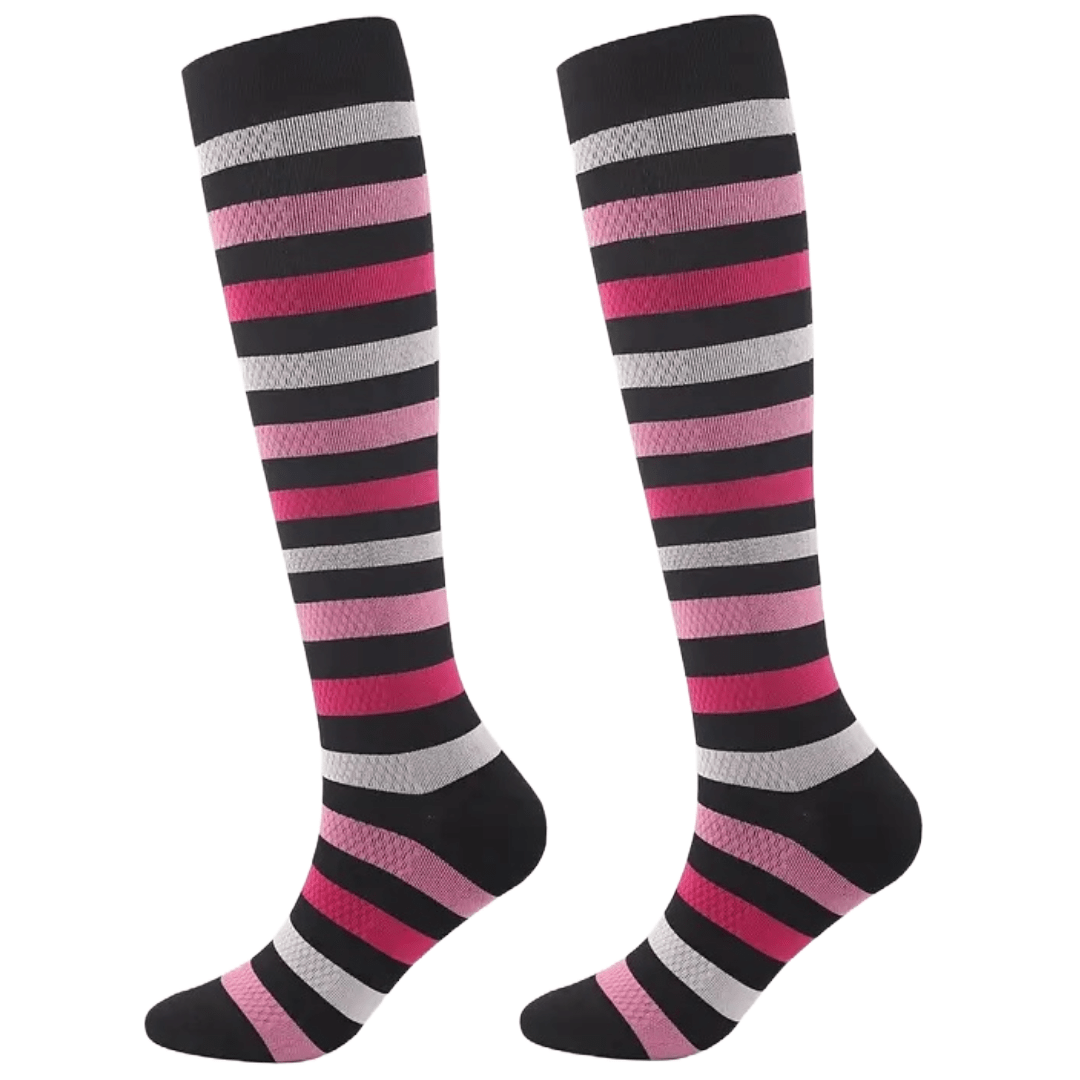 Black with Pink Striped Knee High (Compression Socks), BandPStripcompMD