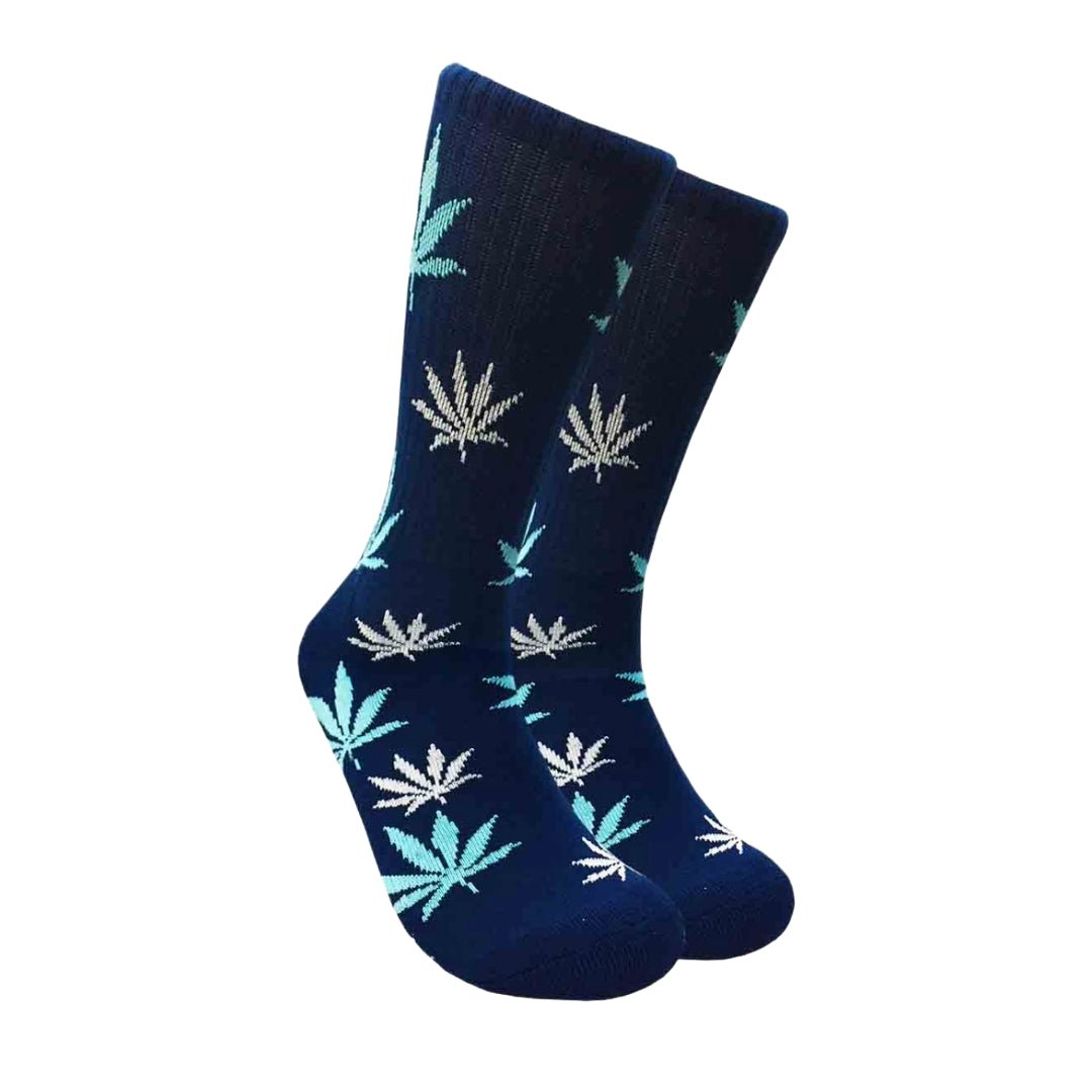 Cannabis Leaf Patterned Socks (Adult Large - Men's Shoe Sizes 8-12), PotLBlueLg