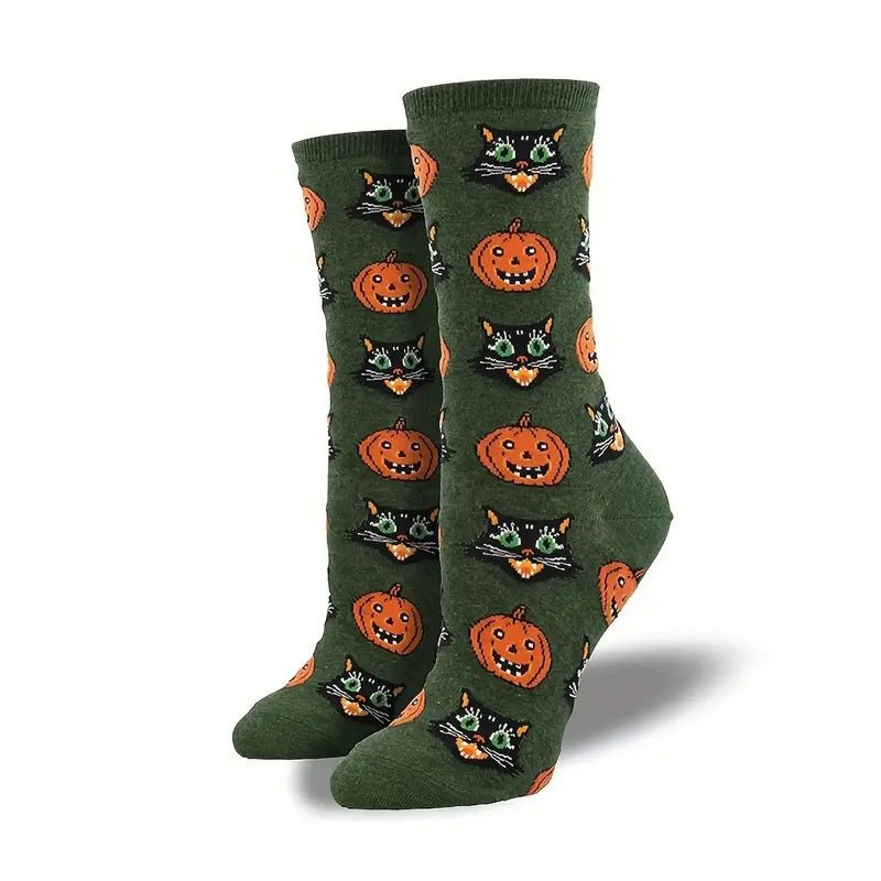 Cats and Pumpkins from the Sock Panda (Adult Medium - Women's Shoe Sizes 5-10), CatPumpkinGreenMd