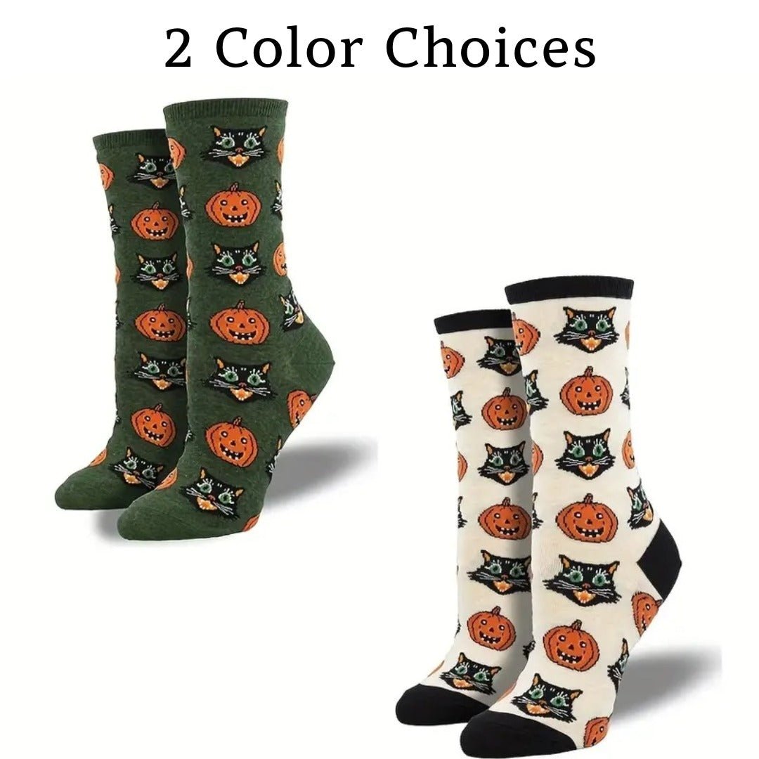 Cats and Pumpkins from the Sock Panda (Adult Medium - Women's Shoe Sizes 5-10), CatPumpkinBeigeMd