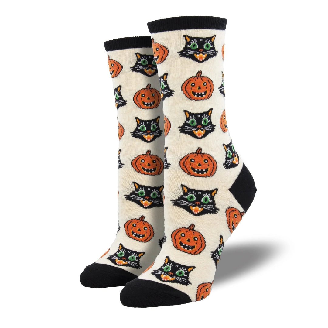 Cats and Pumpkins from the Sock Panda (Adult Medium - Women's Shoe Sizes 5-10), CatPumpkinBeigeMd