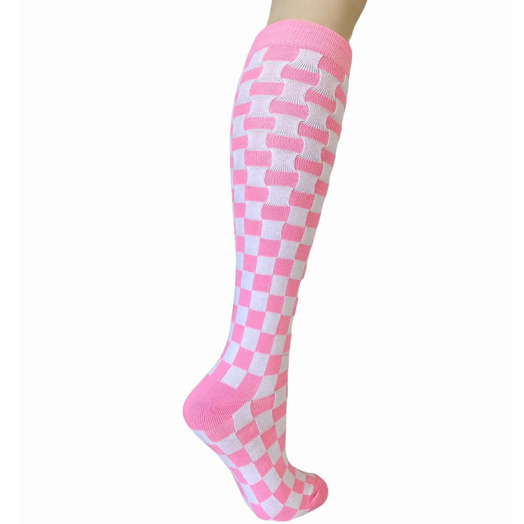 Checkered Pattern Knee High Socks (Adult Medium - Women's Shoe Sizes 5-10), Pink Checkered Knee