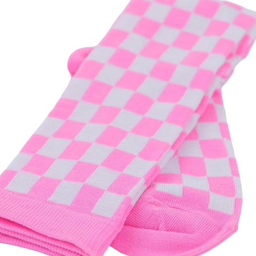 Checkered Pattern Knee High Socks (Adult Medium - Women's Shoe Sizes 5-10), Pink Checkered Knee