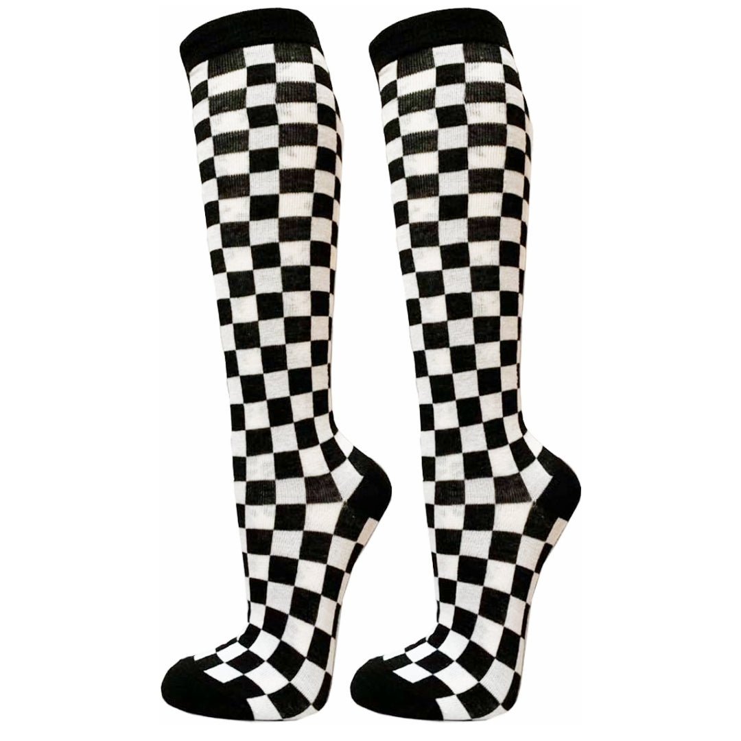 Checkered Pattern Knee High Socks (Adult Medium - Women's Shoe Sizes 5-10), Pink Checkered Knee