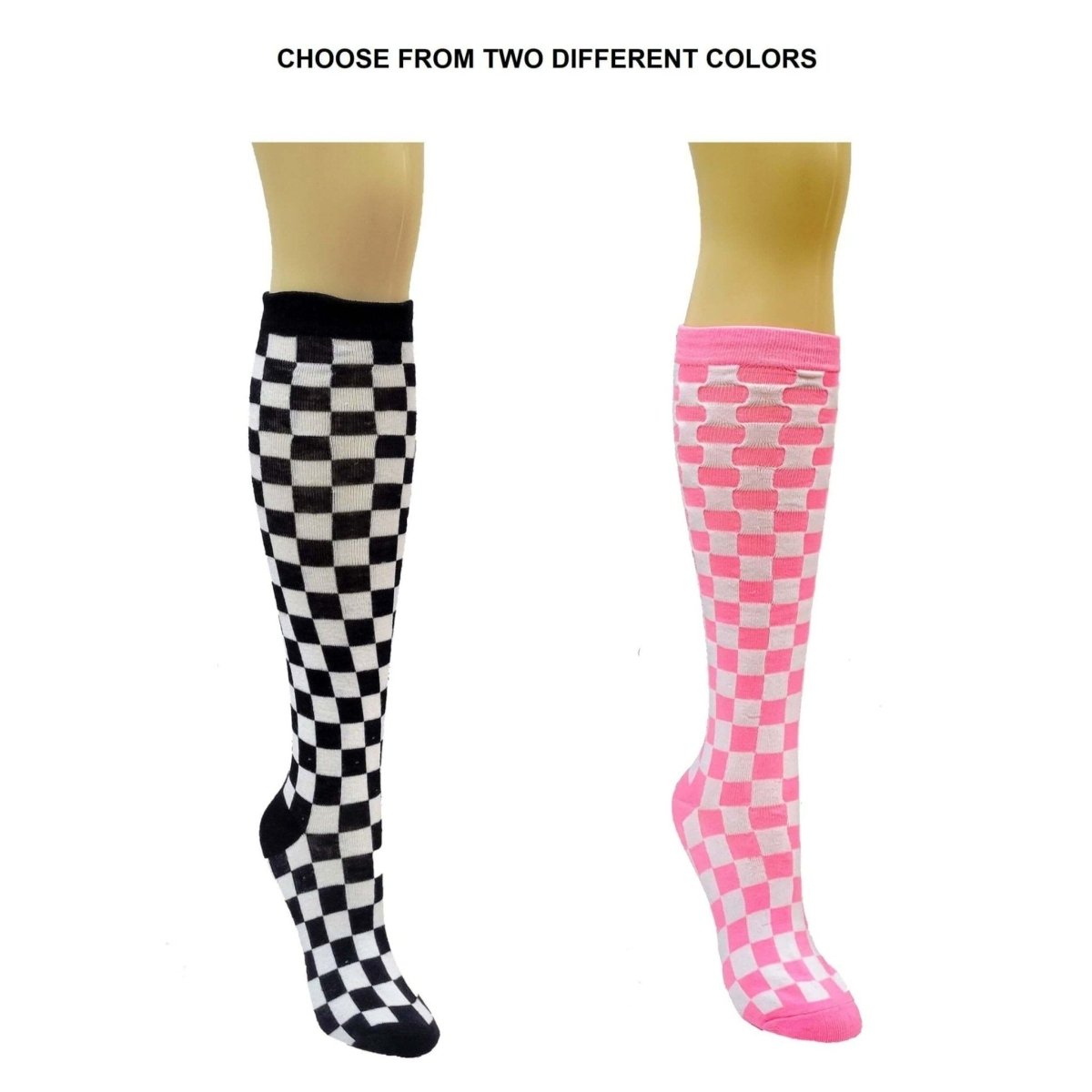 Checkered Pattern Knee High Socks (Adult Medium - Women's Shoe Sizes 5-10), Black Checkered Knee