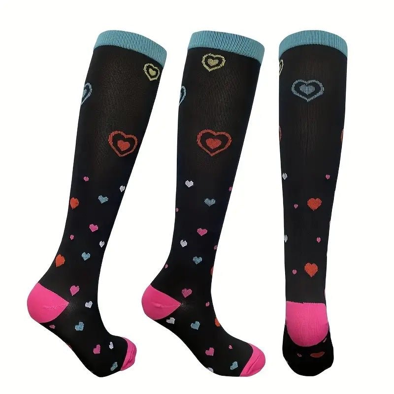 Colorful Heart Patterned Knee High (Compression Socks), ColorHeartCompMd
