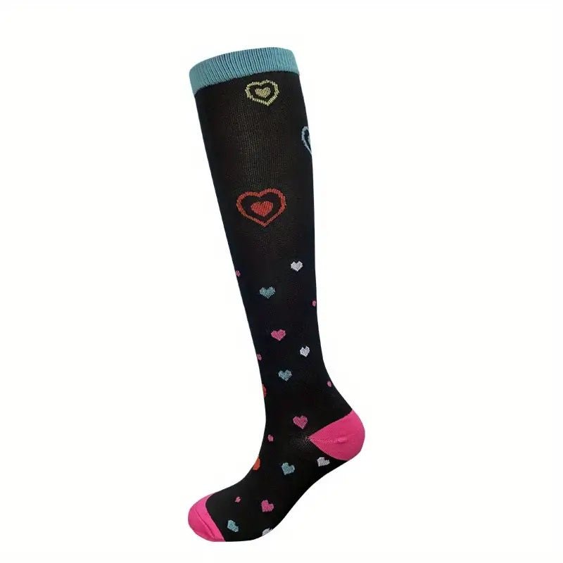 Colorful Heart Patterned Knee High (Compression Socks), ColorHeartCompMd