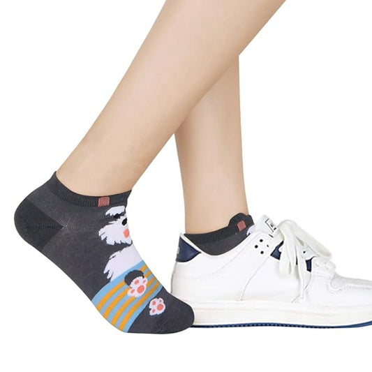Dark Gray and White Puppy Dog Ankle Socks (Adult Medium - Women's Shoe Sizes 5 - 10)