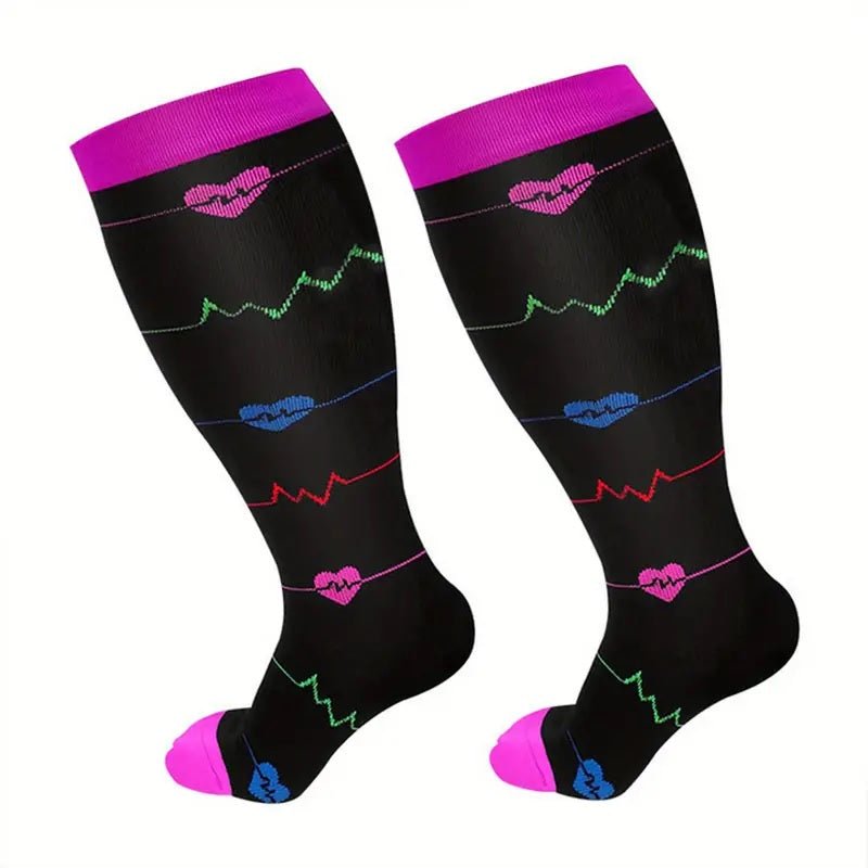 EKG Heart Patterned Knee High - Black (Compression Socks), HeartComp2XL