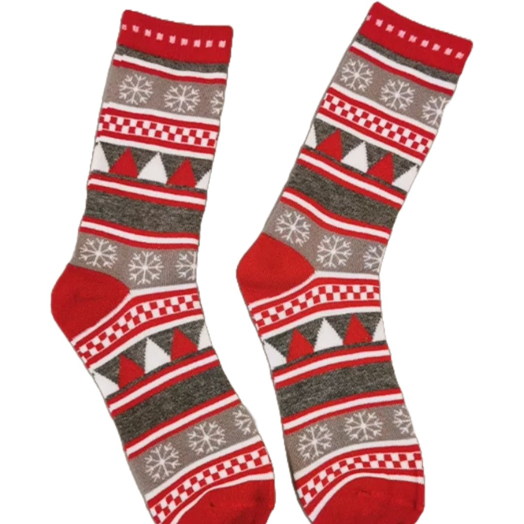 Festive Fair Isle Holiday Tree Pattern Socks (Adult Large - Men's Shoe Sizes 8-12), RedGrayIsleLg