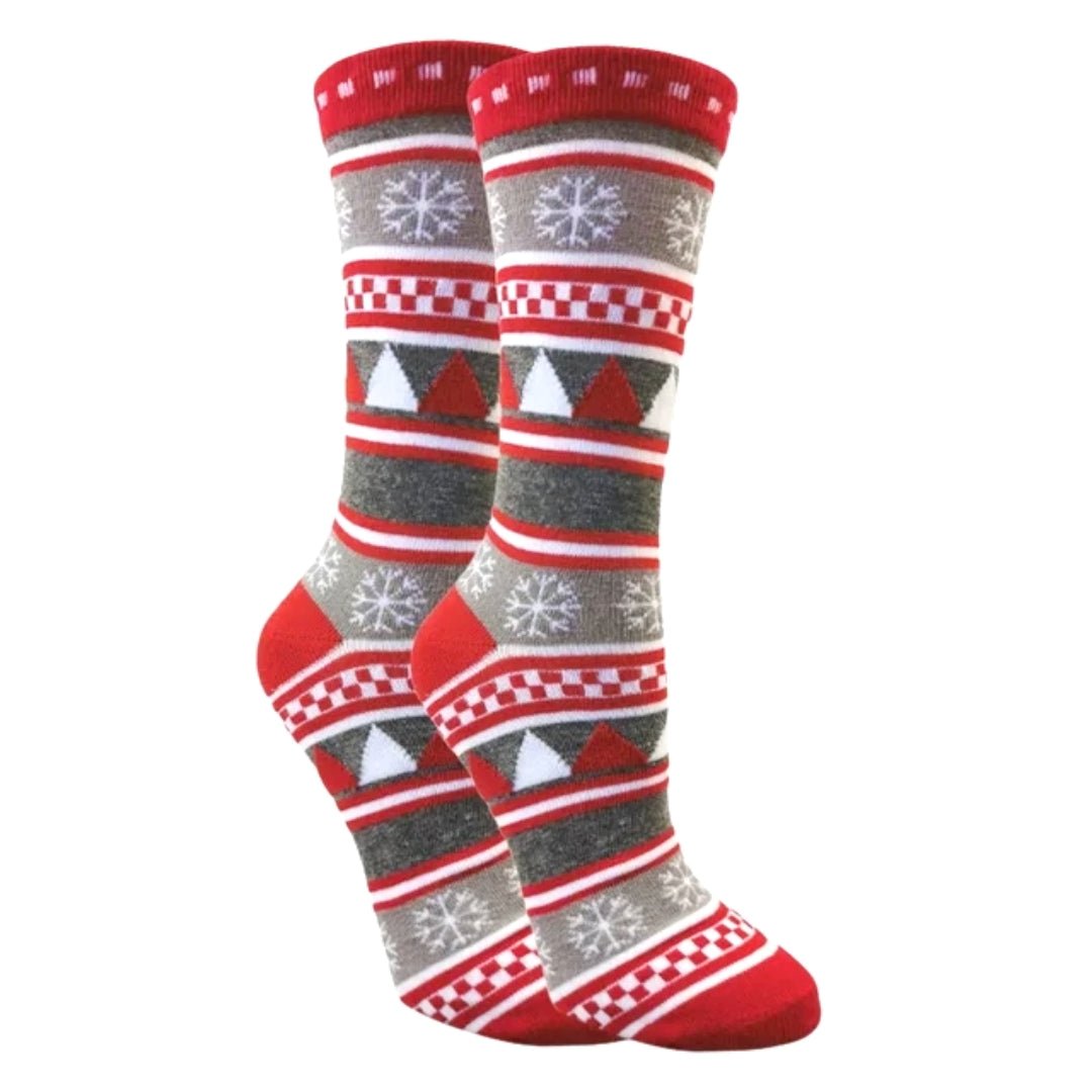 Festive Fair Isle Holiday Tree Pattern Socks (Adult Large - Men's Shoe Sizes 8-12), RedGrayIsleLg