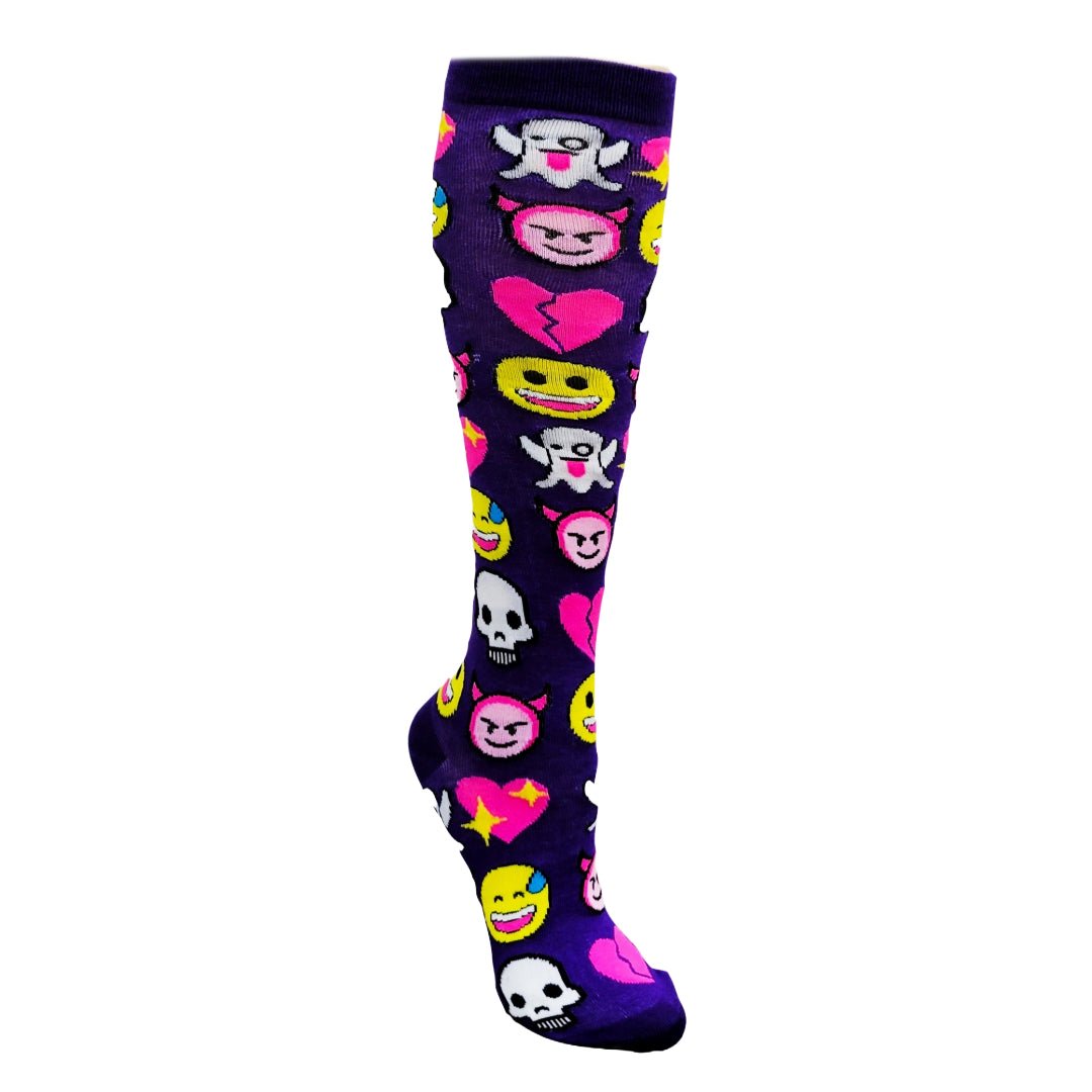 Fun Purple Emoji Pattern Socks from the Sock Panda (Knee High), Purple Emoji Knee High