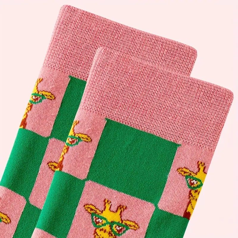 Giraffe Wearing Glasses Checker Pattern Socks (Adult Medium - Women's Shoe Sizes 5-10), GlassGiraffeMd