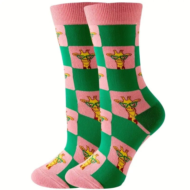 Giraffe Wearing Glasses Checker Pattern Socks (Adult Medium - Women's Shoe Sizes 5-10), GlassGiraffeMd
