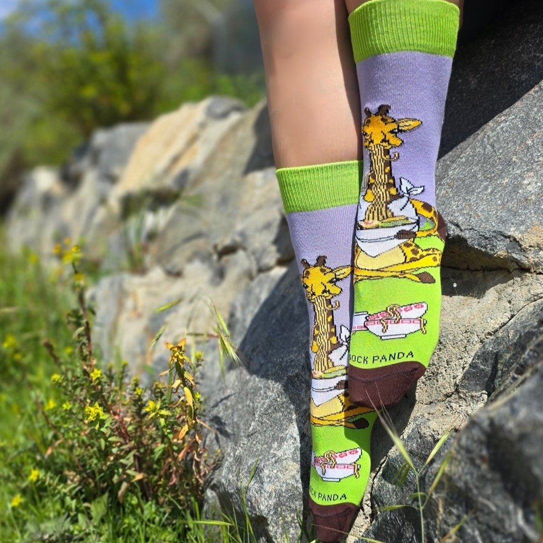 Giraffe Yogi Eating Ramen Socks from the Sock Panda (Adult Small - Shoe Sizes 2 - 5)