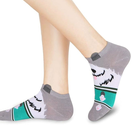 Gray and White Puppy Dog Ankle Socks (Adult Medium - Women's Shoe Sizes 5 - 10)