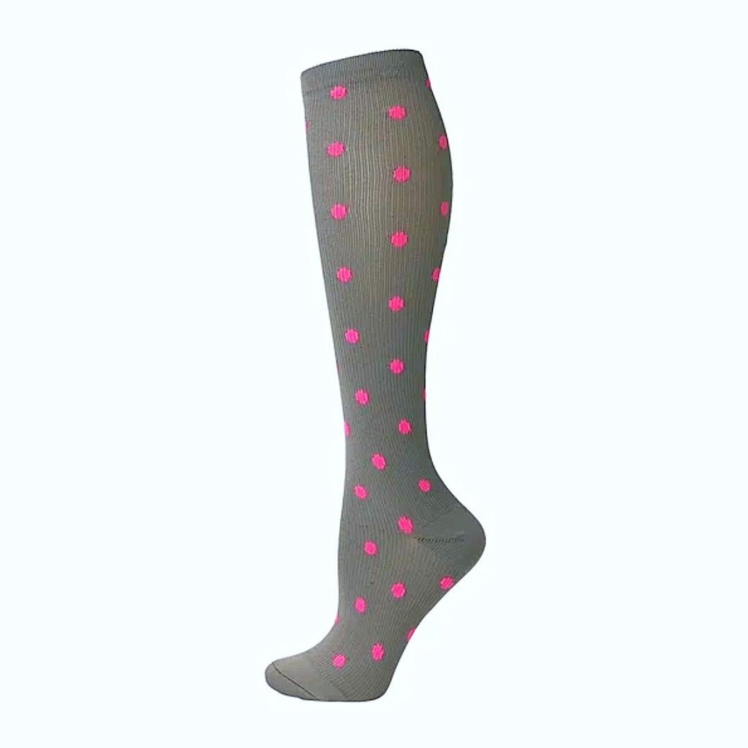 Gray with Pink Polka Dots Patterned Knee High (Compression Socks), PuPiPolkCompSm