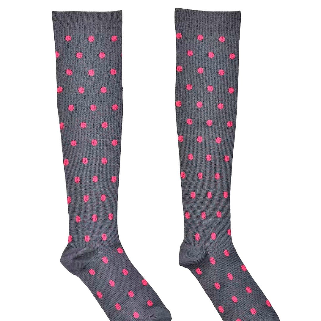 Gray with Pink Polka Dots Patterned Knee High (Compression Socks), PuPiPolkCompSm