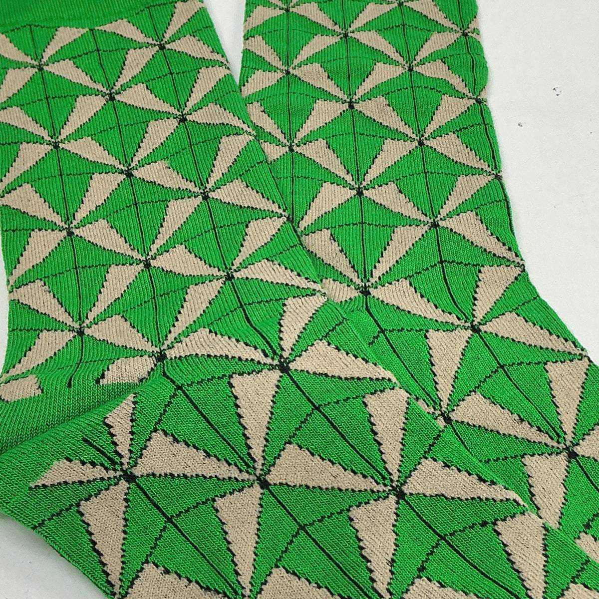 Green and Dark Beige Geometric Socks from the Sock Panda (Adult Large), GreenBeigeGeoLg