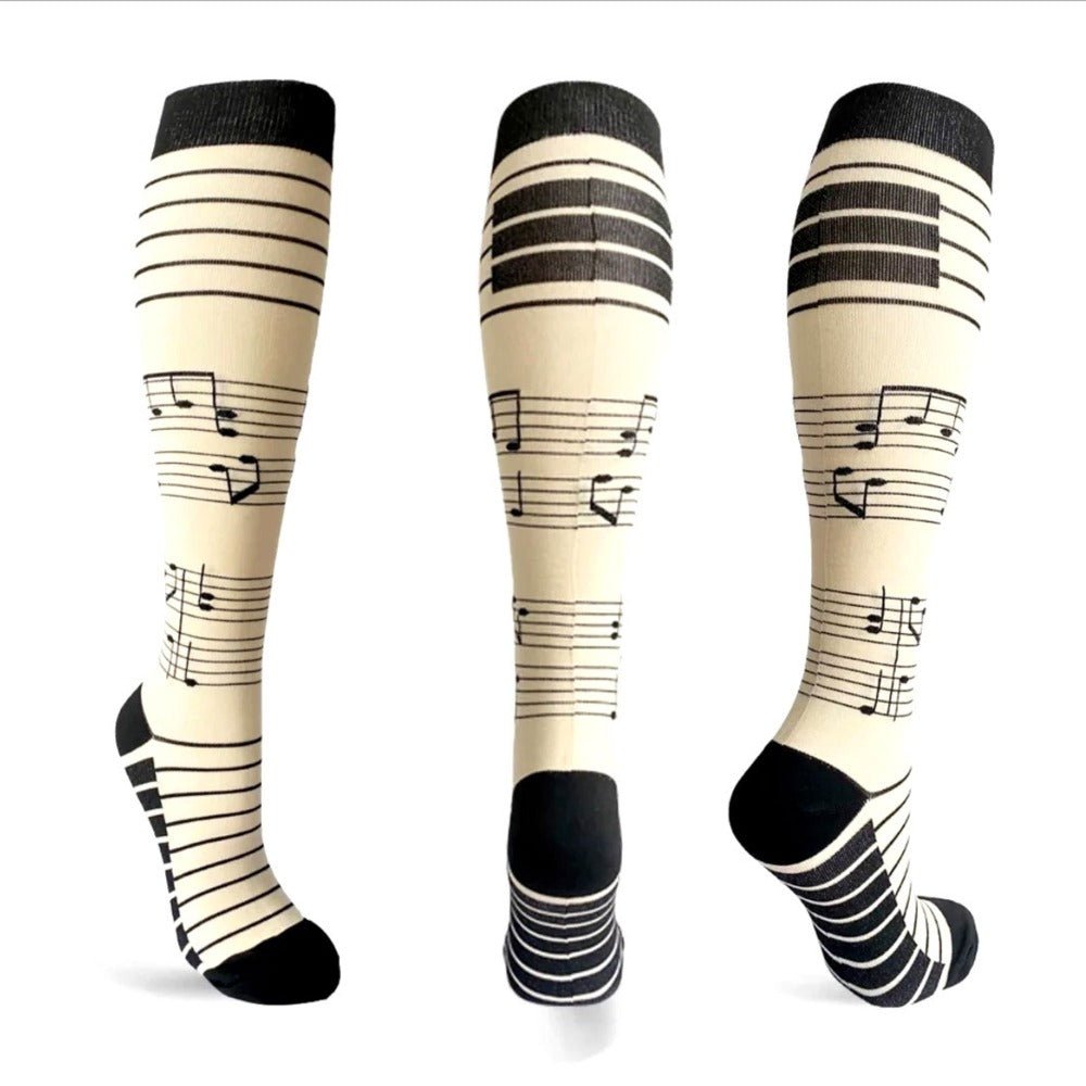 Music Note Pattern Knee High - (Compression Socks), MusicNoteCompMd
