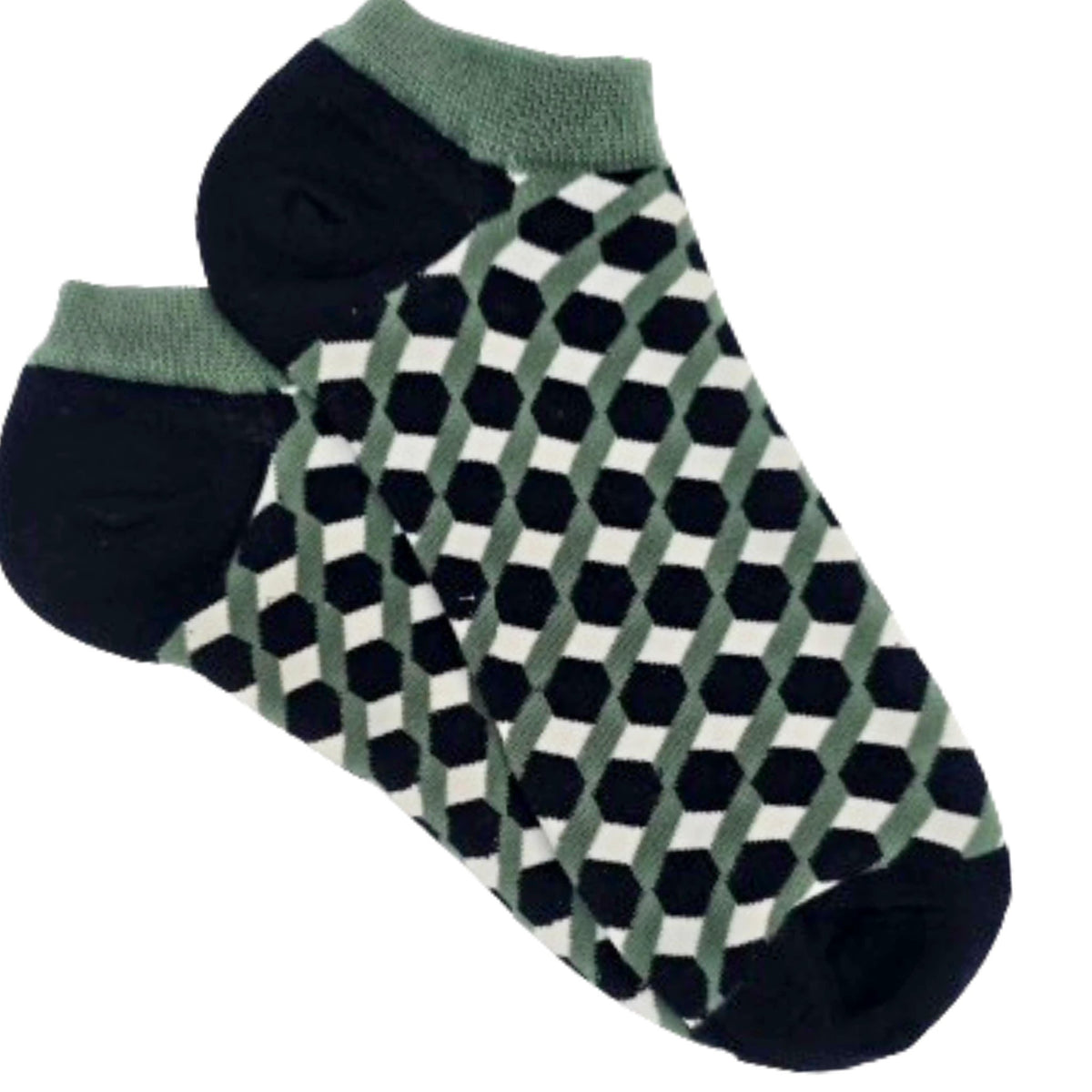 Olive Green, Black and White 3D Cubed Patterned Ankle Socks, GreenBlackAnkLg