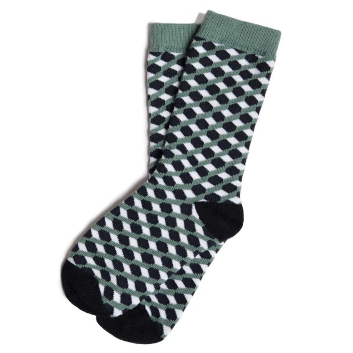 Olive Green, Black and White 3D Cubed Patterned Socks (Adult Large), 3DCubeGrBlWhLg