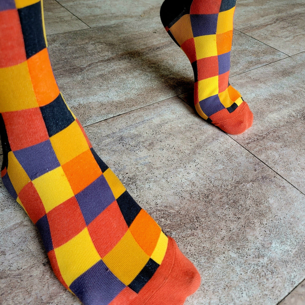 Orange and Brown Square Checkered Pattern Socks (Adult Large - Men's Shoe Sizes 8-12), OrangeSquare
