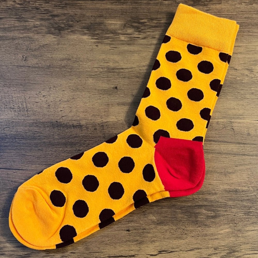 Orange (Gold Yellow) with Black Polka Dots Socks from the Sock Panda (Adult Large - Men's Shoe Sizes 8 - 12)
