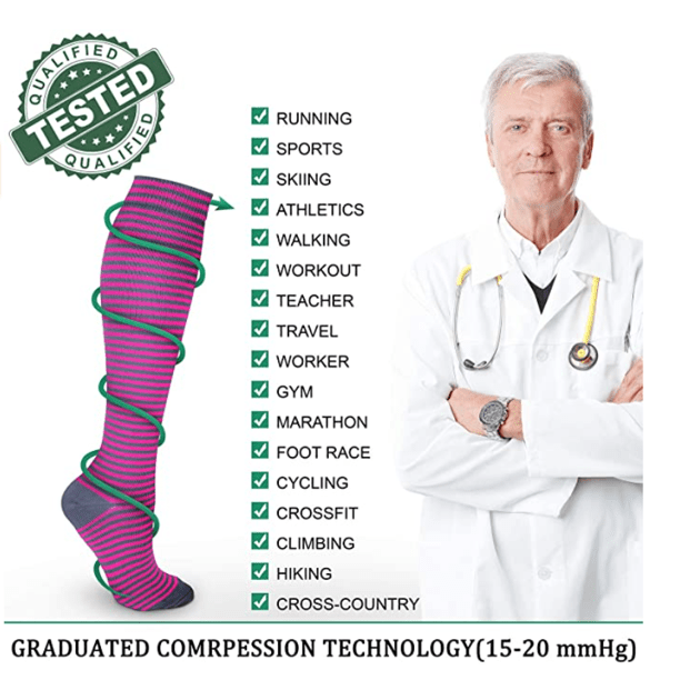 Pink and Gray Thin Striped Knee High (Compression Socks), WineGrayCompMd