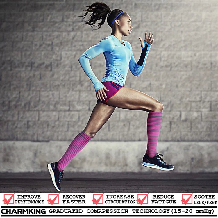 Pink and Gray Thin Striped Knee High (Compression Socks), WineGrayCompMd