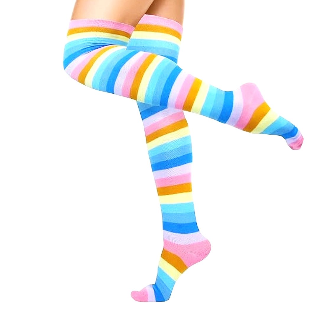 Pink Rainbow Stripe Pattern Socks from the Sock Panda (Thigh High), PinkRainbowStripMd