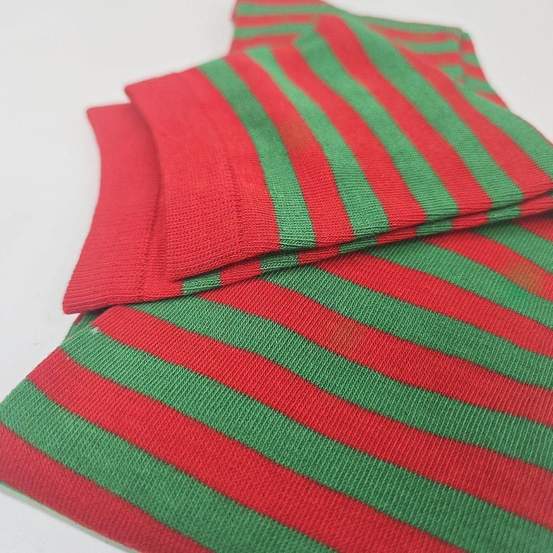 Plus Size Thin Striped Patterned Socks (Thigh High) - Red and Green, PlusThighChristmasMd