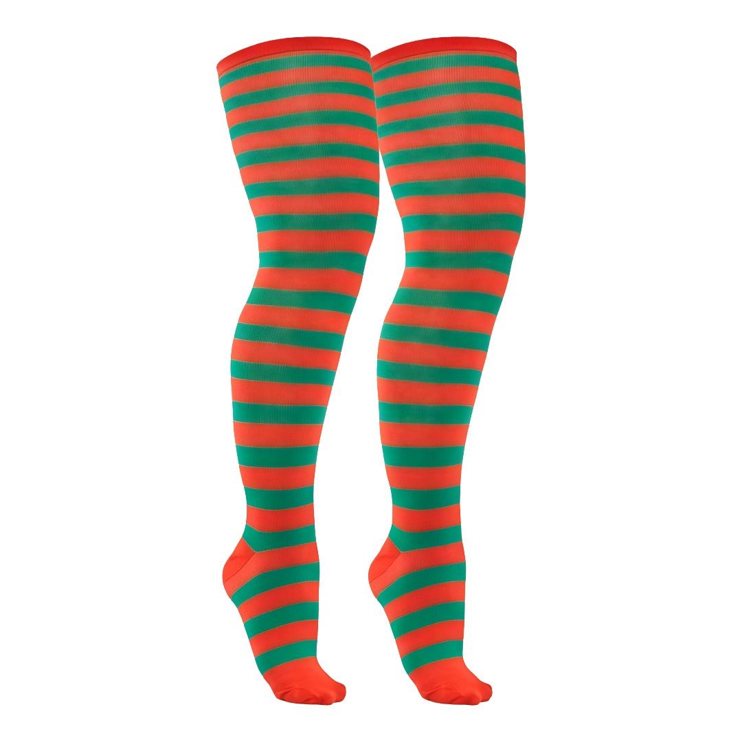 Plus Size Thin Striped Patterned Socks (Thigh High) - Red and Green, PlusThighChristmasMd
