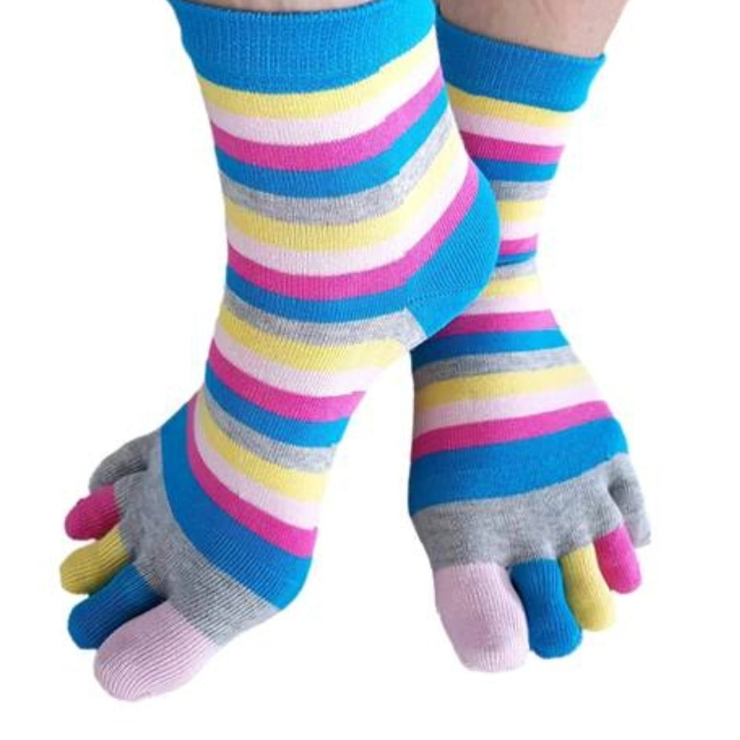 Rainbow Striped Pattern Toe Socks (Adult Medium - Women's Shoe Sizes 5-10) - Blue Accent, BlueRainToe