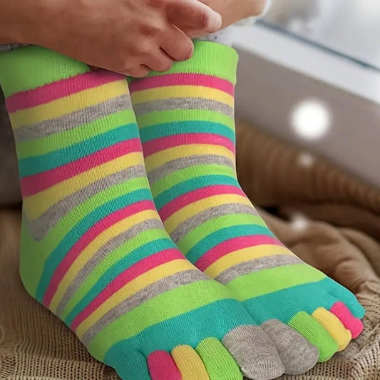 Rainbow Striped Pattern Toe Socks (Adult Medium - Women's Shoe Sizes 5 - 10) - Green Accent