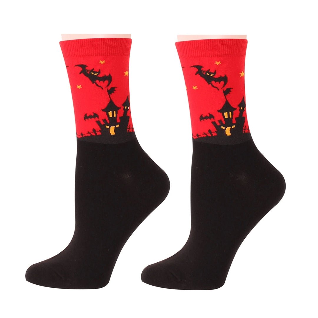 Red Bats and Ghost Over a Haunted House Socks, Ret Bats